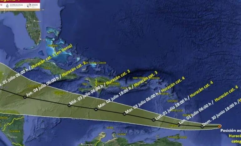 Beryl escala a un muy peligroso e inédito huracán categoría 4 rumbo al Caribe